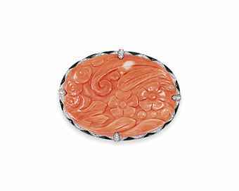 AN ART DECO CORAL, DIAMOND AND ONYX BROOCH Christie’s Sale 5388
