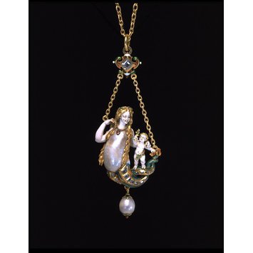 France, c. 1890 Figures of enamelled gold (ronde-bosse enamel), with a central baroque pearl, set with table-cut diamonds and a cabochon ruby, and hung with a pendent pearl V&A Museum