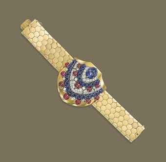 A RETRO SAPPHIRE, RUBY AND DIAMOND CLIP BROOCH/BRACELET Sale 1393