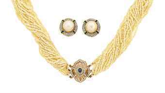 A seed pearl, sapphire and diamond torsade and a pair of gem-set earrings Christie’s Sale 6169