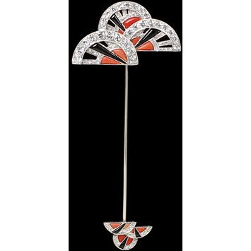 Europe or USA, c. 1920-1930 Jabot pin platinum set with coral, onyx and brilliant-cut diamonds V&A Museum
