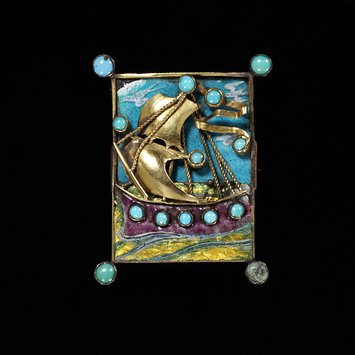England. c. 1903 Charles Ashbee. Gilded silver, repoussé gold, enamel and turquoises