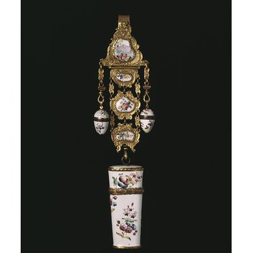 England, 1765-1775 Chatelaine with painted enamel on copper, with gilt-metal mounts and attachments V&A Museum