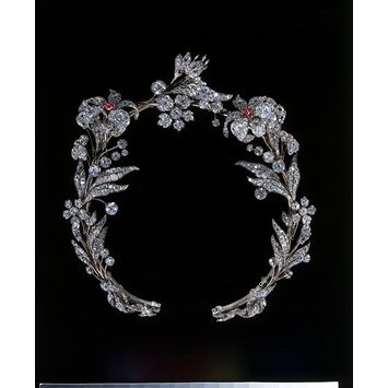 Tiara, brilliant-cut diamond set in silver, with rubies set in gold, and a gold frame c. 1835, Europe V&A