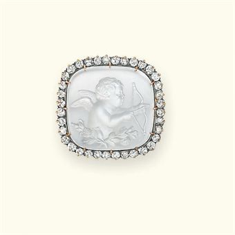 Christie’s Sale 7853 Jewels – The London Sale 9 June 2010 London, King Street A VICTORIAN MOONSTONE AND DIAMOND CAMEO BROOCH, circa 1890. Cupid with bow and arrow.