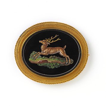 Micro-mosaic, black glass, gold frame brooch, Rome, Italy, 1820-1830 The Rosalinde and Arthur Gilbert Collection on loan to the Victoria and Albert Museum, London