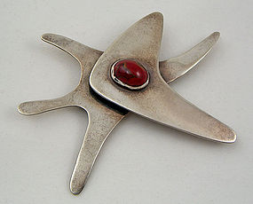 Ed Wiener modernist jewelry sterling silver brooch with stone C. late 1940’s – early 1950’s Click on image for more information.