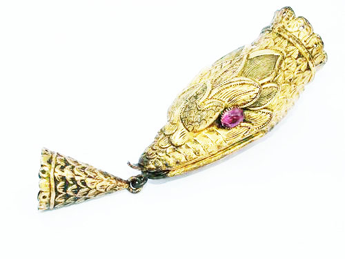 Victorian Gilt Serpent Head Belt Clasp set with amethyst glass eyes and engraved detailing