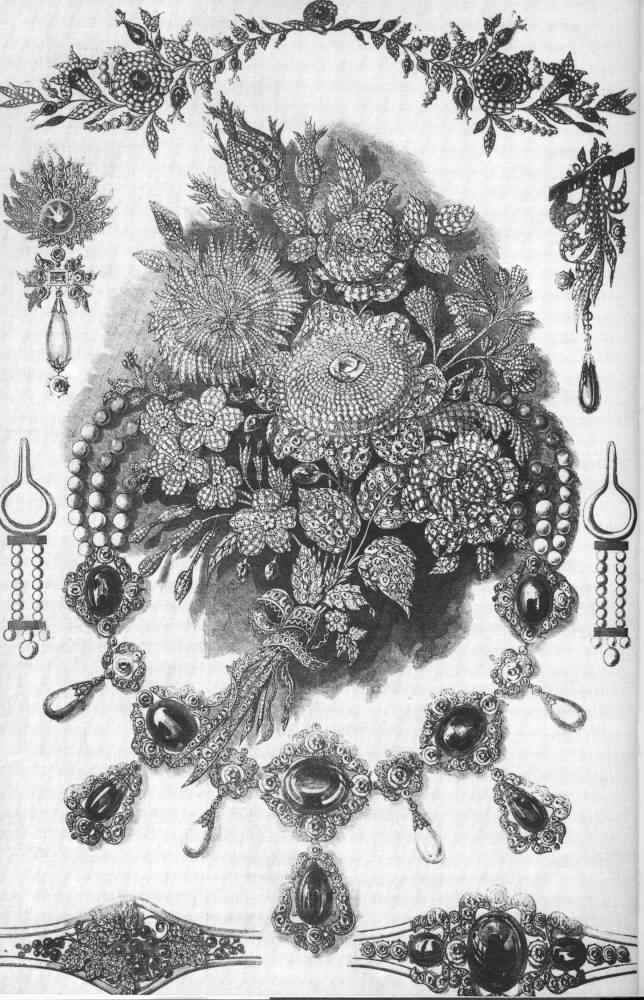 Plate 24. Group of jewellery selected from the costly and elegant assortment exhibited by Messrs. Hunt and Roskell. Jewellery in the Great Exhibition from the 1851 Illustrated London News.