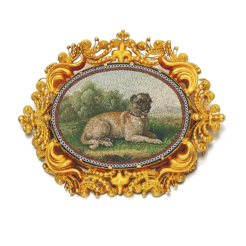 Victorian Micro Mosaic Dog Brooch. Lang's Antiques