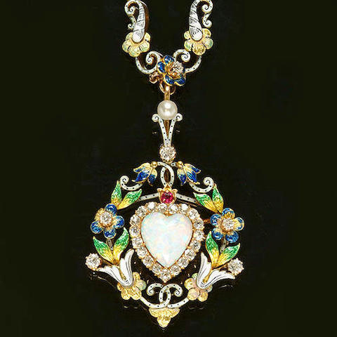 A Diamond, Opal, Pearl, Ruby and Enamel Necklace circa 1890: Source: www.bonhams.com/auctions/10791/lot/58/