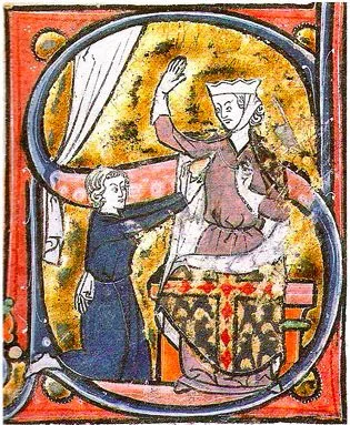 The earliest known visual depiction of a heart symbol, as a lover hands his heart to the beloved lady, in a manuscript of the Roman de la poire 'mid-13th century.
