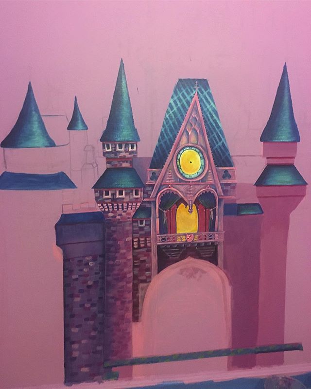 Progress photo of a recent commission I'm working on. A pink Disney castle for princess Lily Claire's nursery. 9 x 7.5 feet 👸 👑