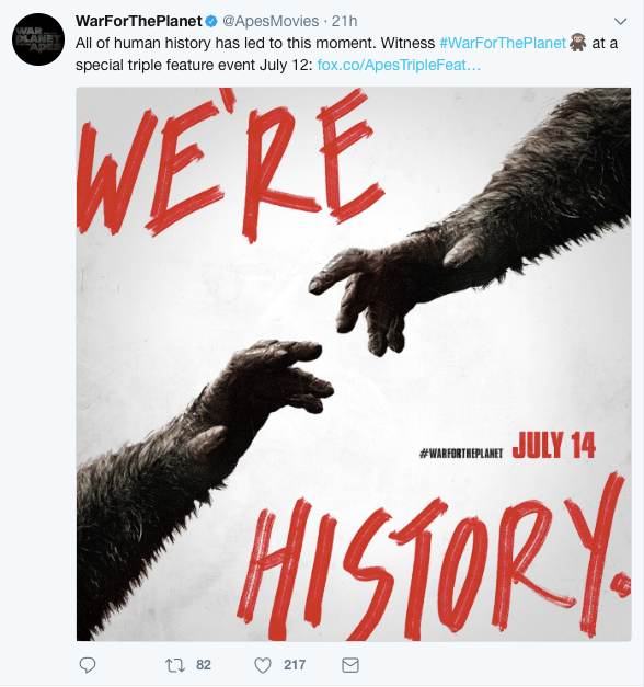 War for the Planet of the Apes reaching hands artwork