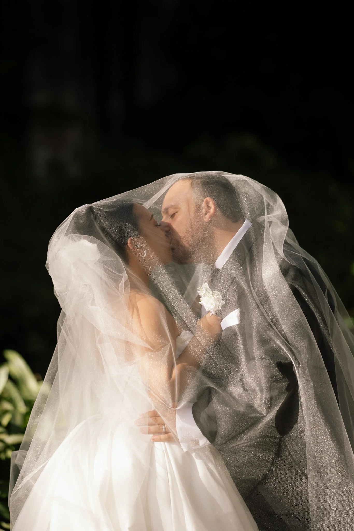 A newly married couple share a tender kiss beneath a shimmering tulle veil, captured in a dramatic wedding portrait.