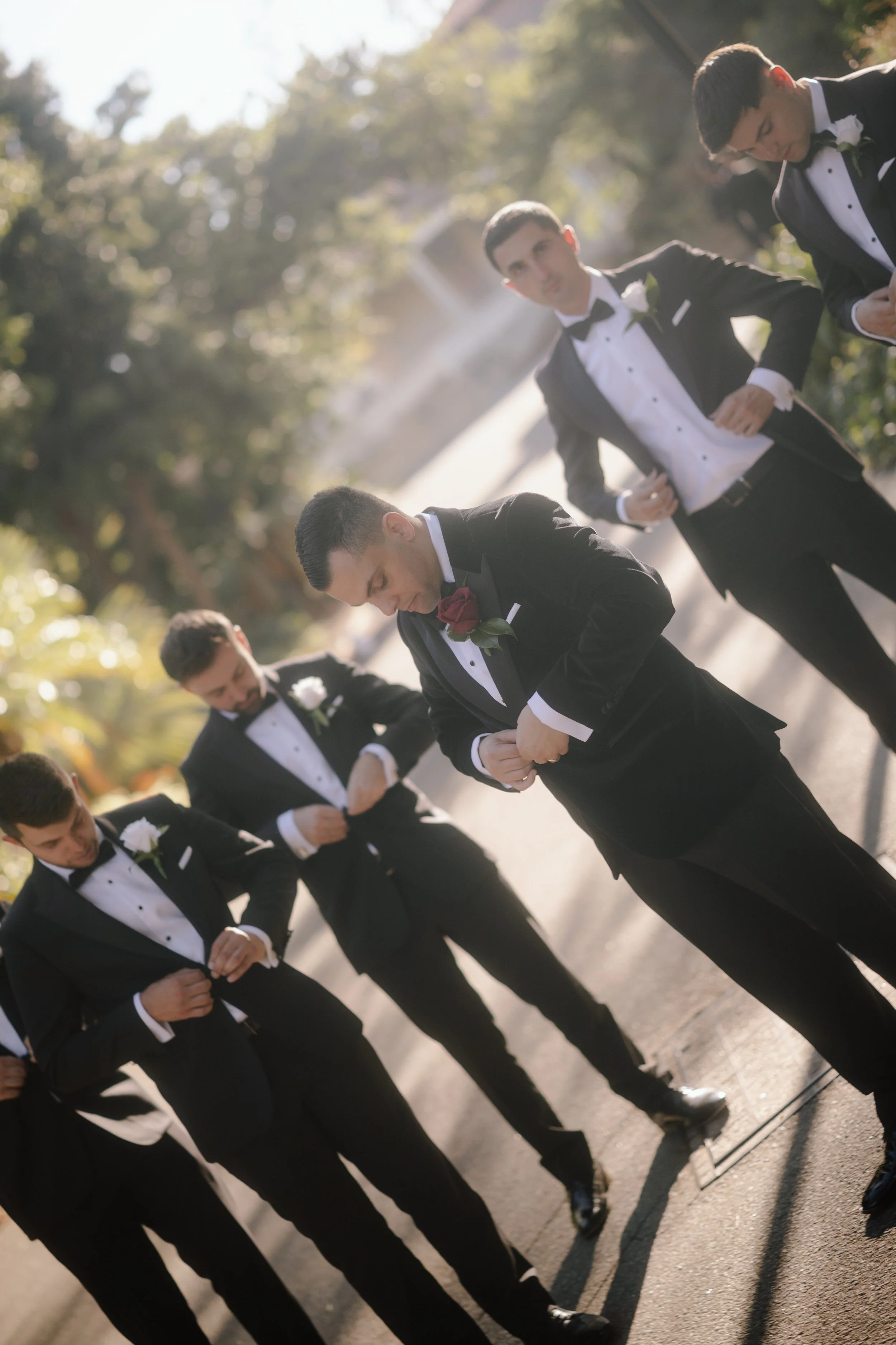 Groom and groomsmen in classic black tuxedos adjusting their jackets in golden sunlight, captured with a cinematic editorial look