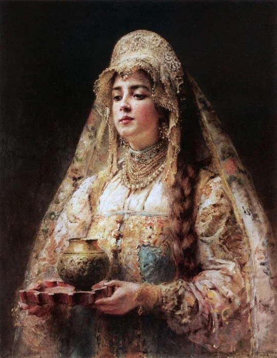 Cup of Honey, c. 1890 by Konstantin Makovsky (Russian, 1839–1915) the beautiful thing about paintings is that we get to see the time eras exquisite taste in jewelry and draped fabrics! 