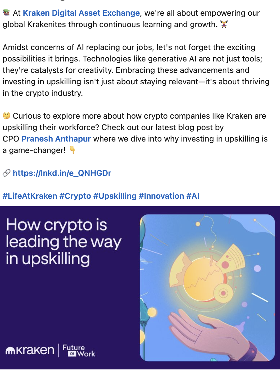 Illustration showing a hand holding a glowing globe with digital and technology icons, representing crypto and upskilling, and text 'How crypto is leading the way in upskilling'.