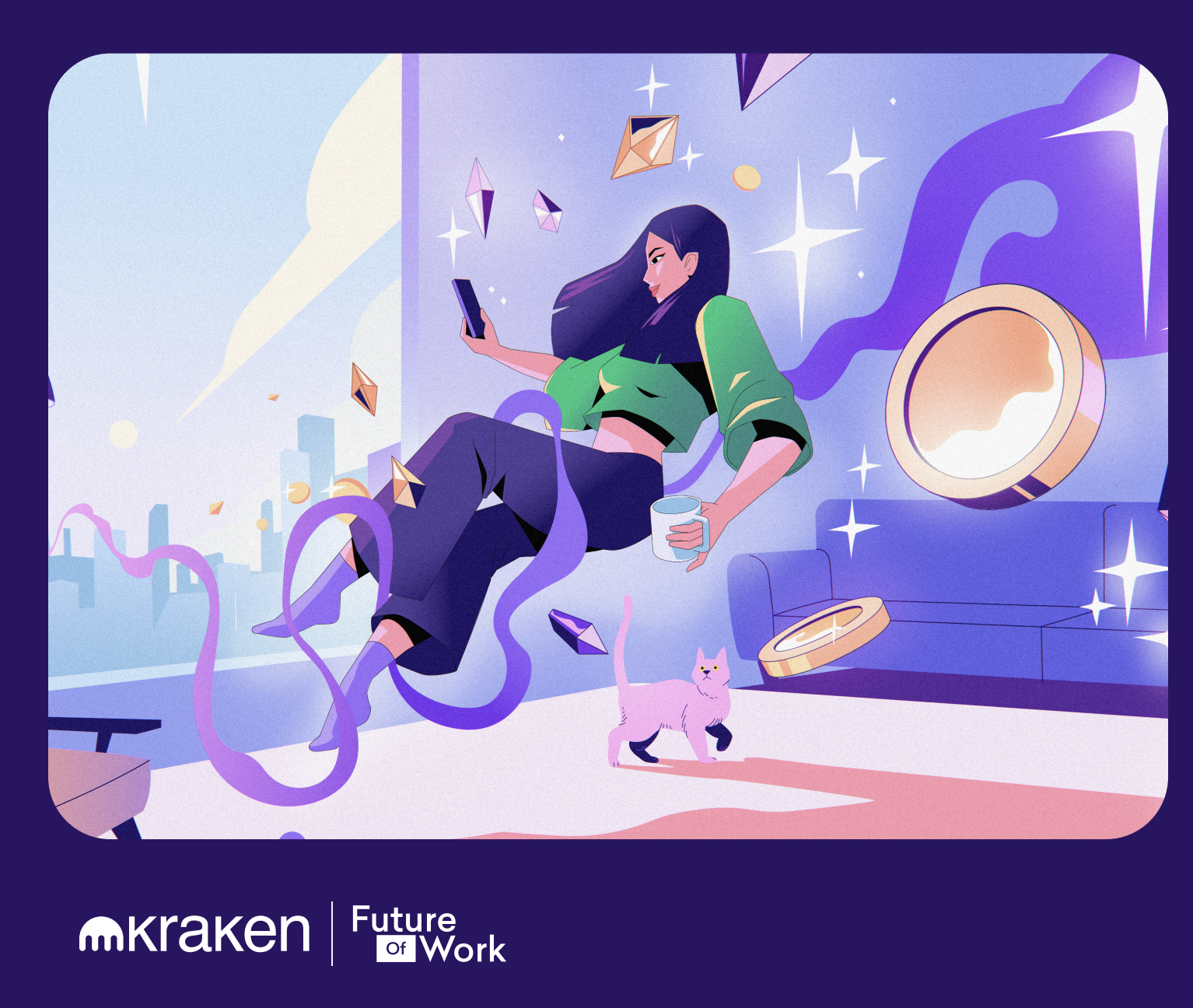 An illustration of a woman with long dark hair floating in a futuristic, colorful space with stars, diamonds, and abstract objects. She is wearing a green cropped jacket and black pants, holding a smartphone in one hand and a mug in the other. A pink cat with yellow eyes is on the floor near her, and a large coffee cup is floating nearby.