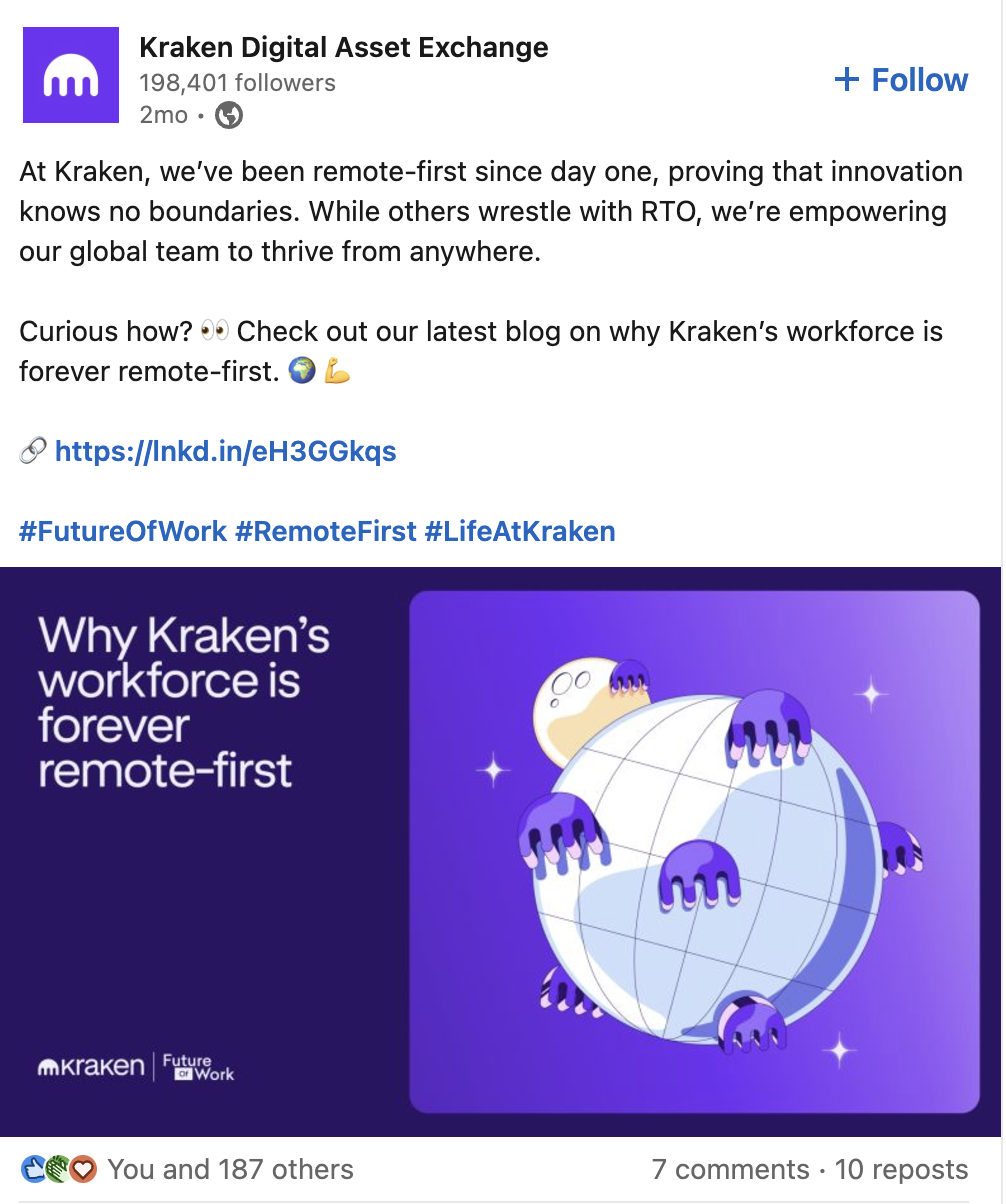 Graphic illustrating why Kraken's workforce is forever remote-first, showing a globe with multiple hands reaching out around it in purple gloves, set against a purple background with stars.