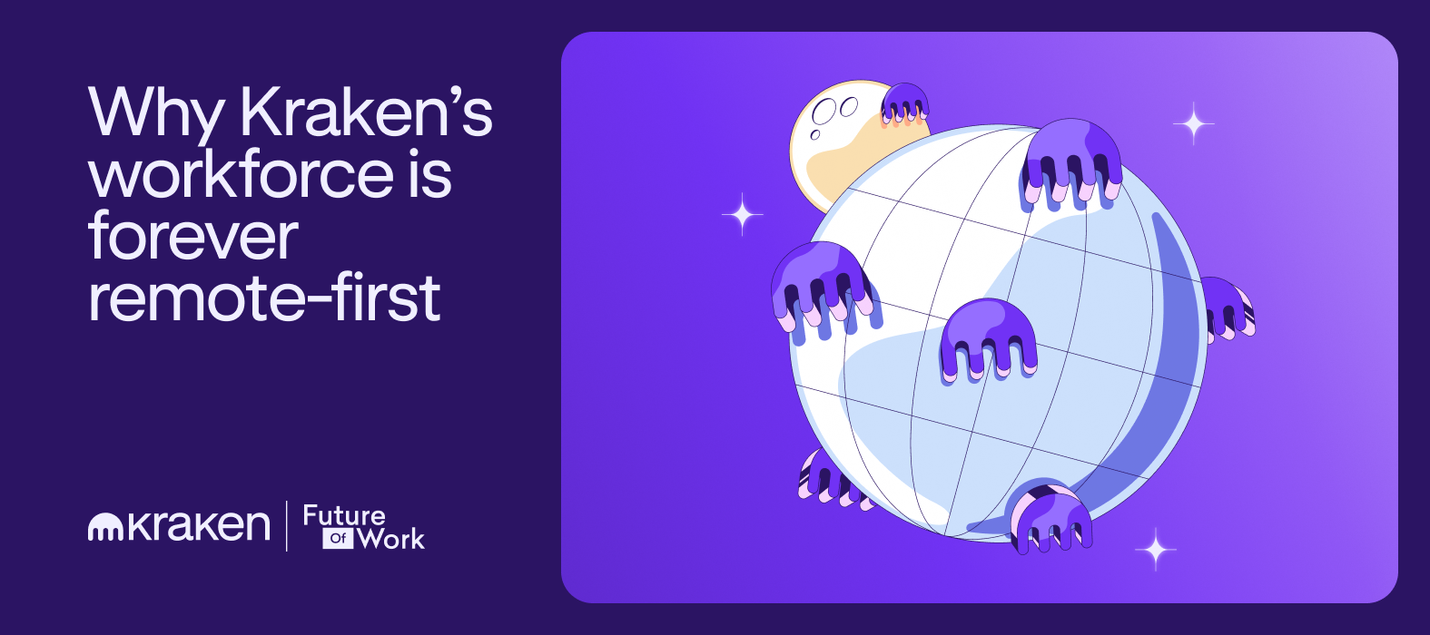 Illustration of the Earth with robotic hands reaching out from different directions and the moon in the background, symbolizing global remote work.