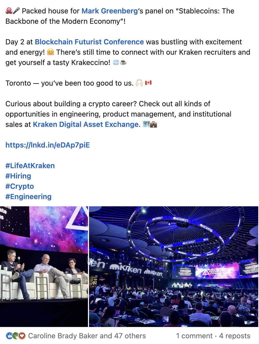A social media post about a blockchain conference, showing a panel discussion with three speakers on a stage and a large conference hall with an audience and a vibrant LED lighting setup.