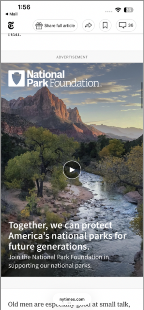 Advertisement for the National Park Foundation featuring a scenic landscape of mountains, trees, and a river at sunset.