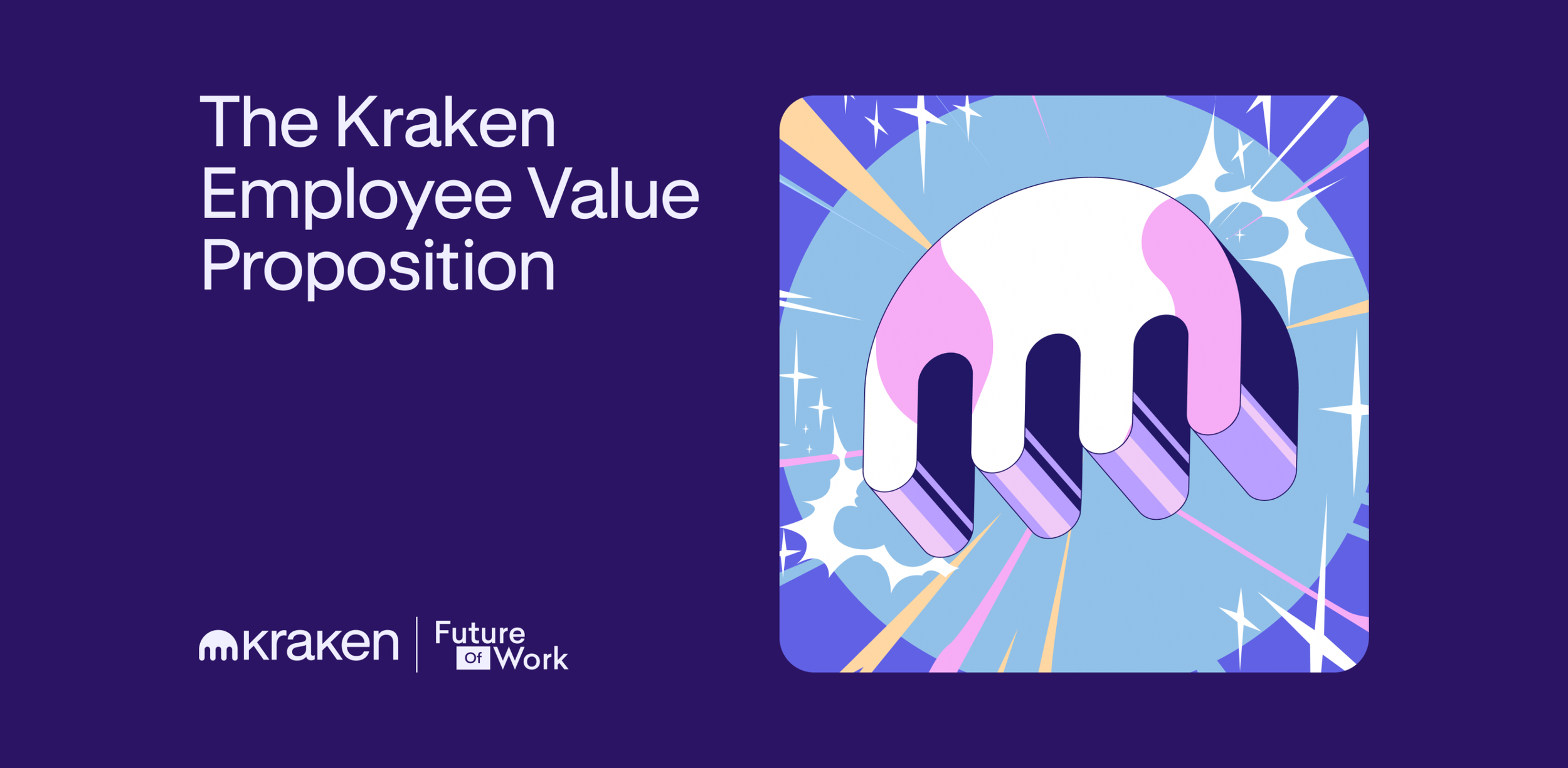 A digital graphic with the title 'The Kraken Employee Value Proposition' on the left and a stylized illustration of a kraken in the center. The background is dark blue.