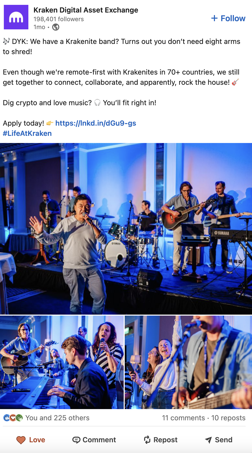 A group of people performing live music on stage at a venue with blue lighting, including a singer, guitarists, a drummer, and audience members enjoying the performance.