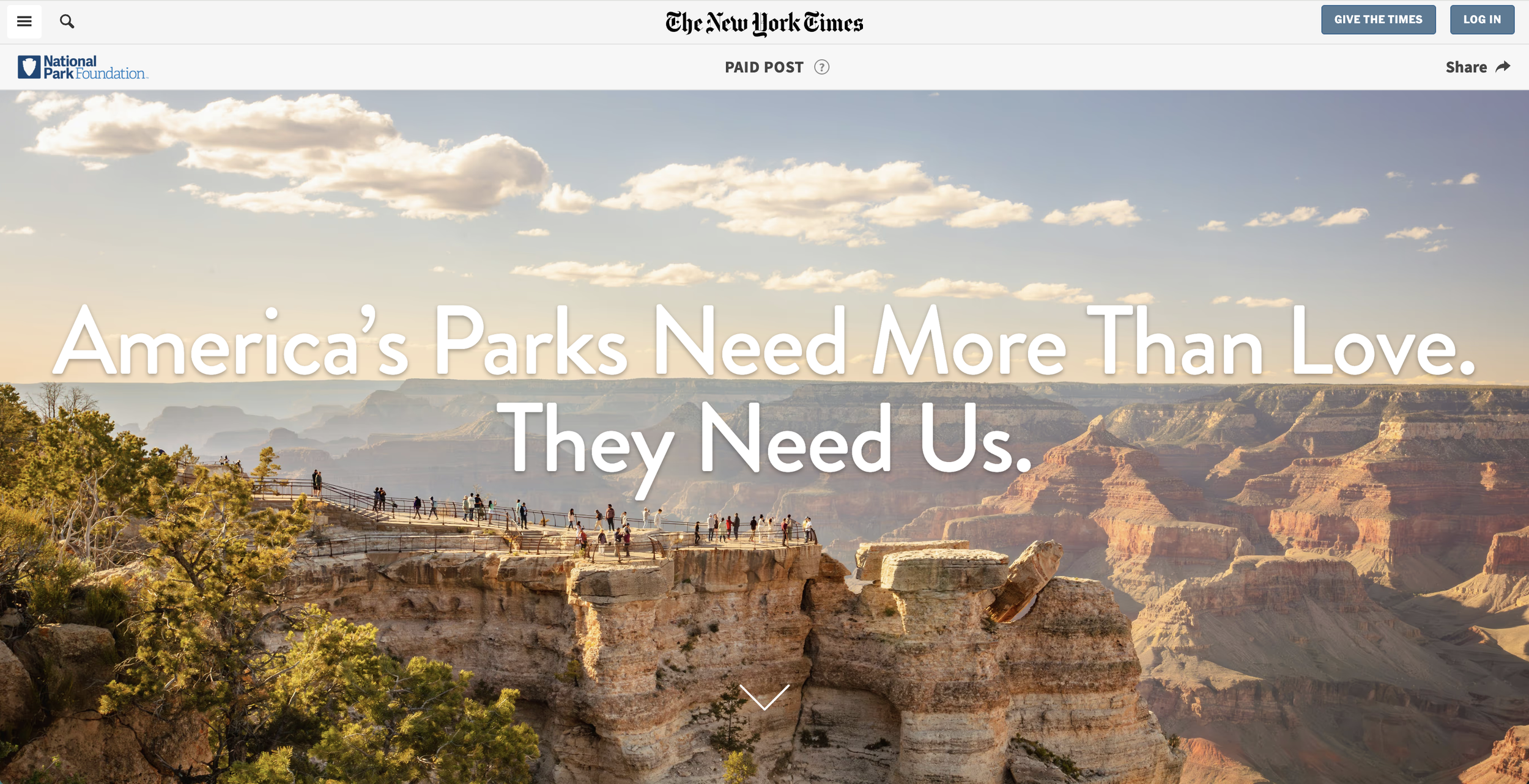 View of the Grand Canyon with visitors on an observation deck, and a quote overlaid that reads: 'America’s Parks Need More Than Love. They Need Us.' The sky is partly cloudy with the canyon's layered rocks visible in the background.