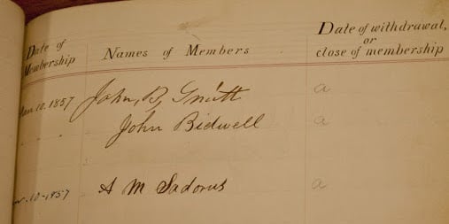John Bidwell's name in the lodge registry, January 10, 1857.