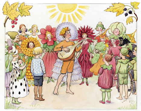 Nature deity September serenades the garden to prepare for Fall harvest, equinox and the coming of King Winter. (from Christopher's Harvest Time, Elsa Beskow)