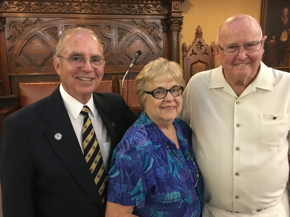 Pictured from left are Darrel Deatherage, inspector of Masonic District 216 and a member of the lodge, and Carolyn and Ken Clayton. The Claytons reside in Texas and Butte Meadows.