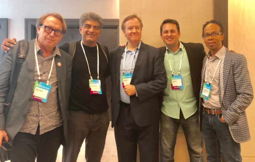 Michael Owen, from MediaCombo; Jeff Old, from Silverscreen Cinematics; Chris Pfaff, from Chris Pfaff Tech Media, and Srinivas Krishna, from AWE Company, prior to, and on the ‘Producing in XR: What to Know Before Immersion’ panel, September 22, 2018