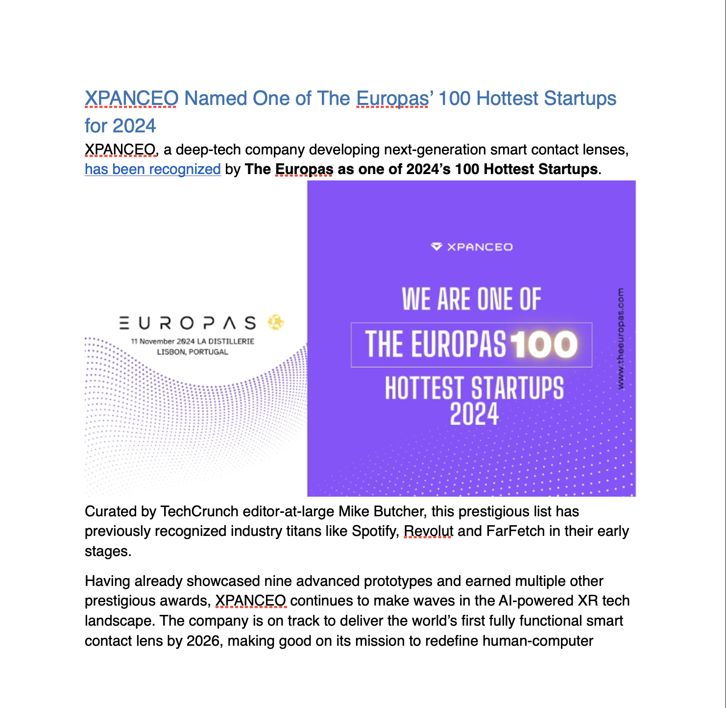 XPANCEO Named One of The Europas’ 100 Hottest Startups for 2024