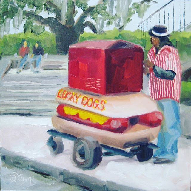 A little @luckydogsnola #art on a cold and windy #neworleans day. #local #artist #nola #frenchquarter #food #tradition #neworleanstradition #painting #charleneswift #streetart #foodcart #since1950s #louisiana