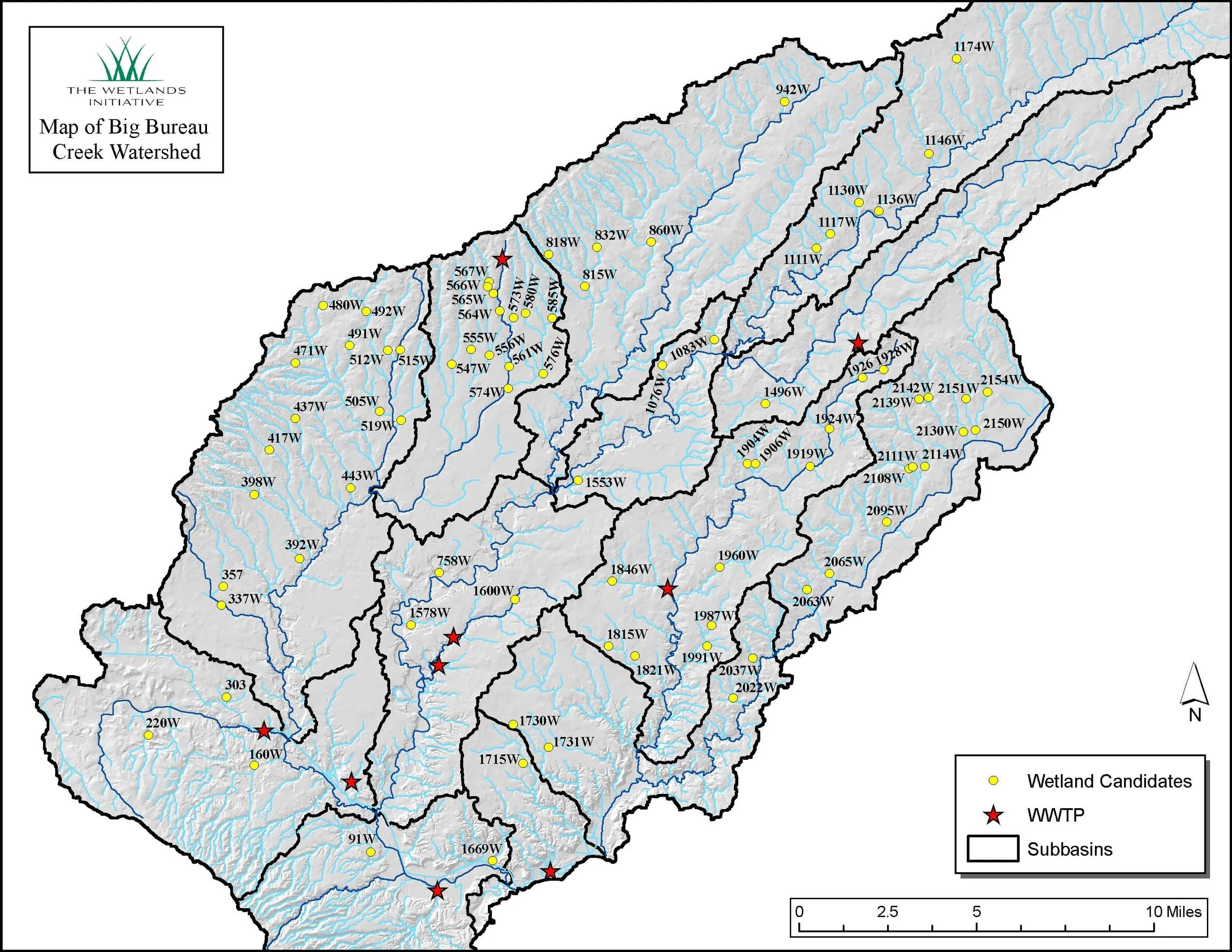 A map of potential nutrient-removal wetland sites identified in the Big Bureau Creek Watershed through TWI’s feasibility study. The potential wetlands are indicated by yellow dots, and the red stars are wastewater treatment plants.