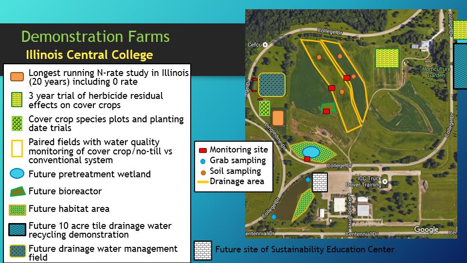 A map of the Illinois Central College demonstration farm showing the future site of the constructed wetland and other conservation practices. Illustration by Caroline Wade/TNC.