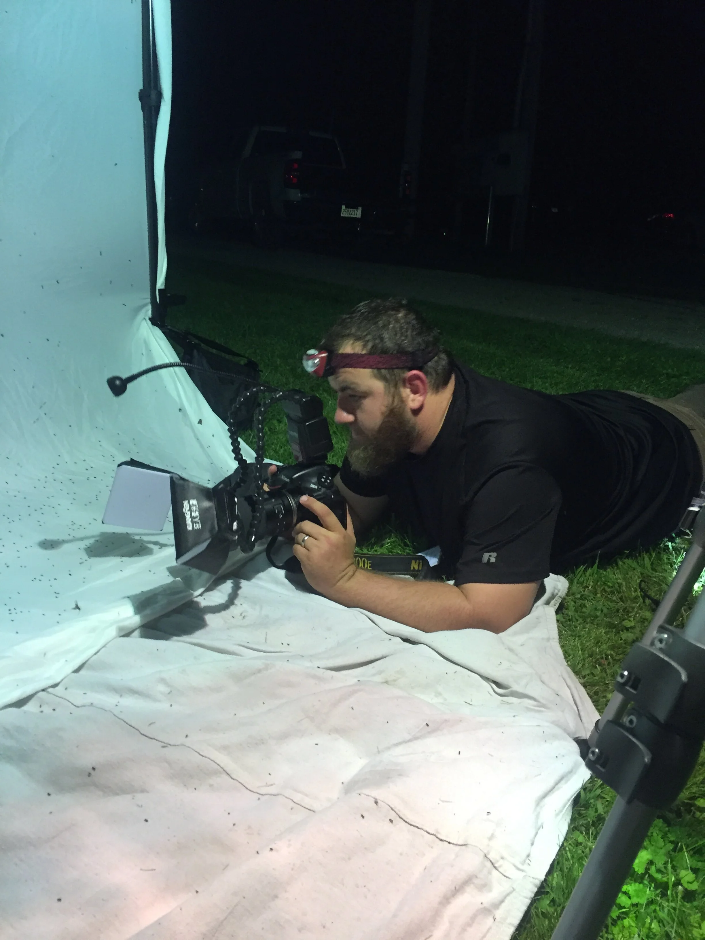 Equipped with reflectors, a headlamp, and a special lens, Trevor has all he needs to photograph moths—including the essential prone position. Photo by Phoebe Thatcher/TWI.