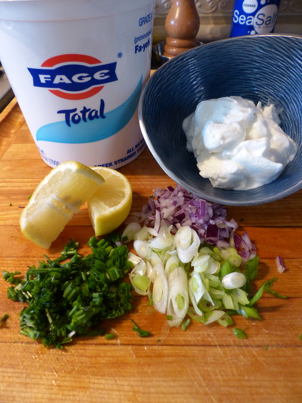Chives, Red Onion & Scallions ready to be slathered in creamy Greekness.