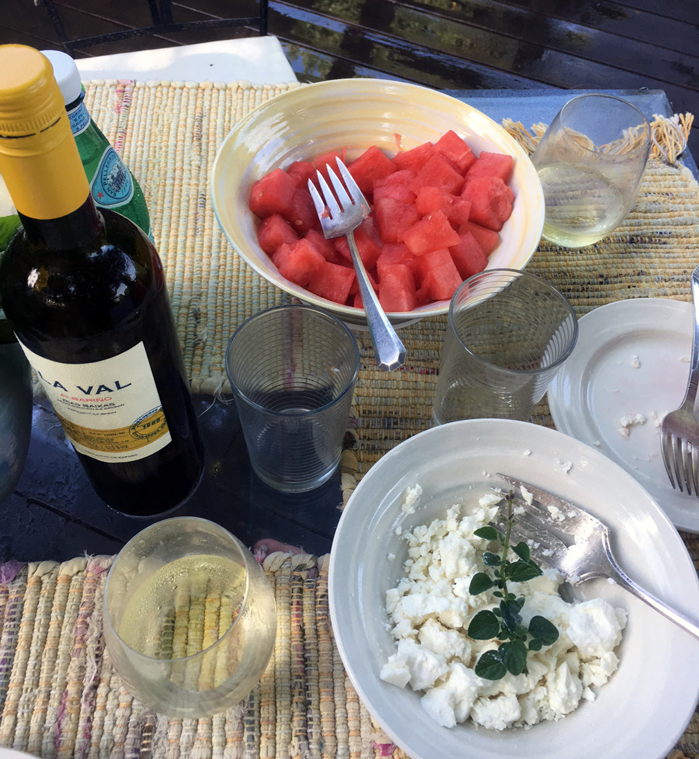 Some crisp watermelon, feta and fresh herbs from their garden paired with a Spanish Albariño, La Val