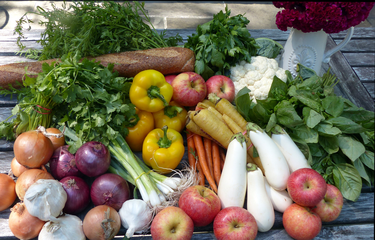 My bountiful picks of the week. Yes, I got cauliflower and made 'Faux Creamy' Cauliflower Soup. Plus I created another topping for the white eggplant. That will be coming soon. (P.S. It was my niece, Gabrielle's idea to take our abundant finds and photograph them outside. Good idea