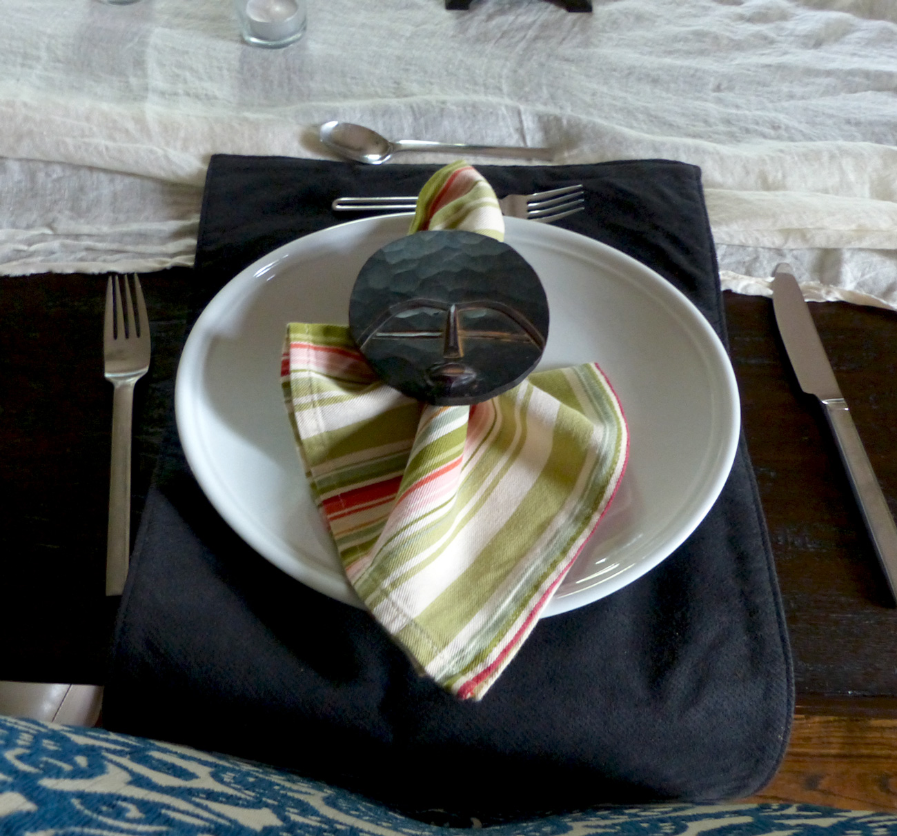 Note that I turned the placemat the opposite way of the traditional placement, allowing it to slightly hang over the table. Creating more of a centered focus on the plate.