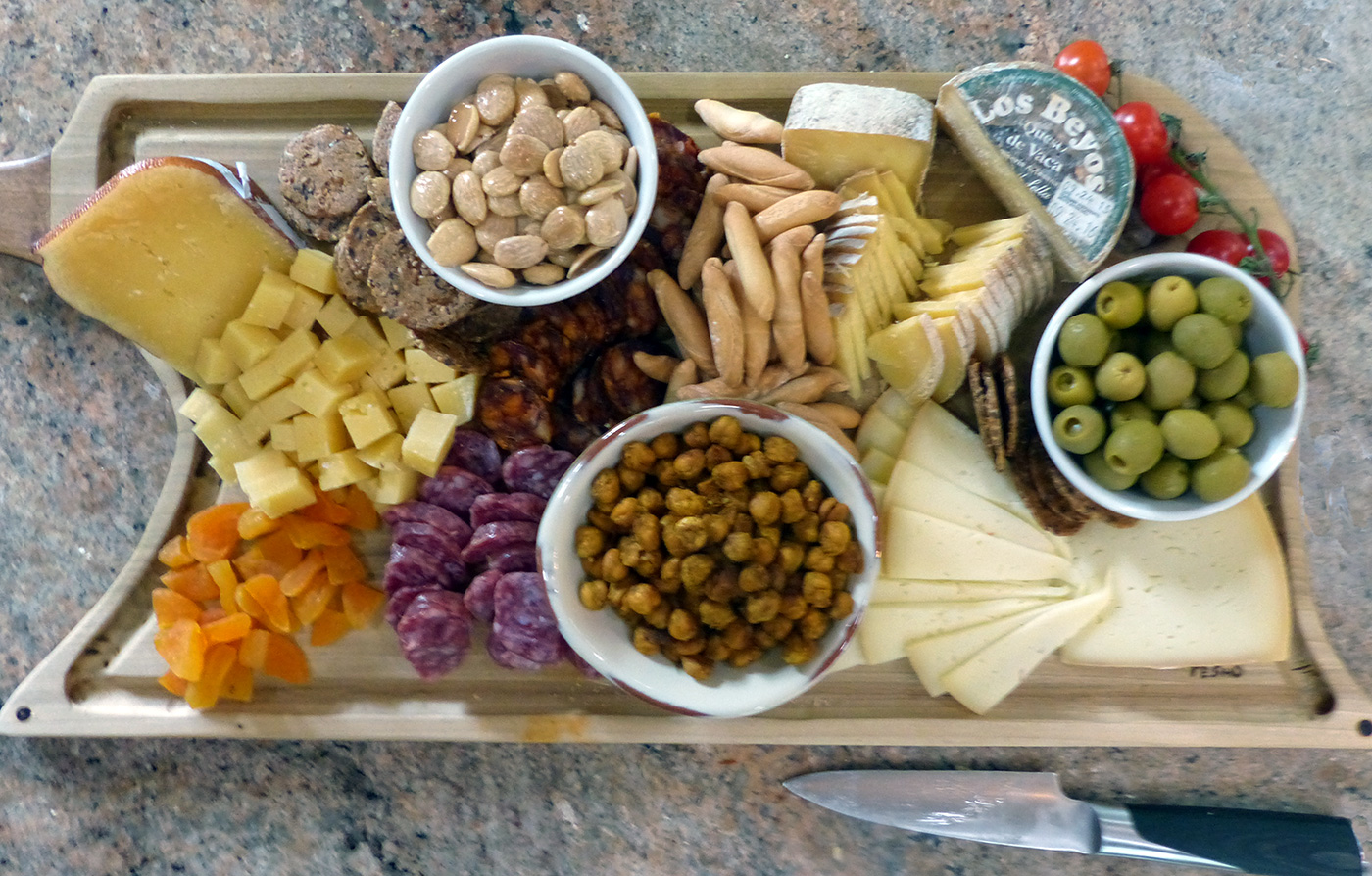 If you are wondering what these tiny round nuggets in the center bowl are, why those are my Spicy Chick Peas that make a perfect addition to a platter or alone for cocktails.