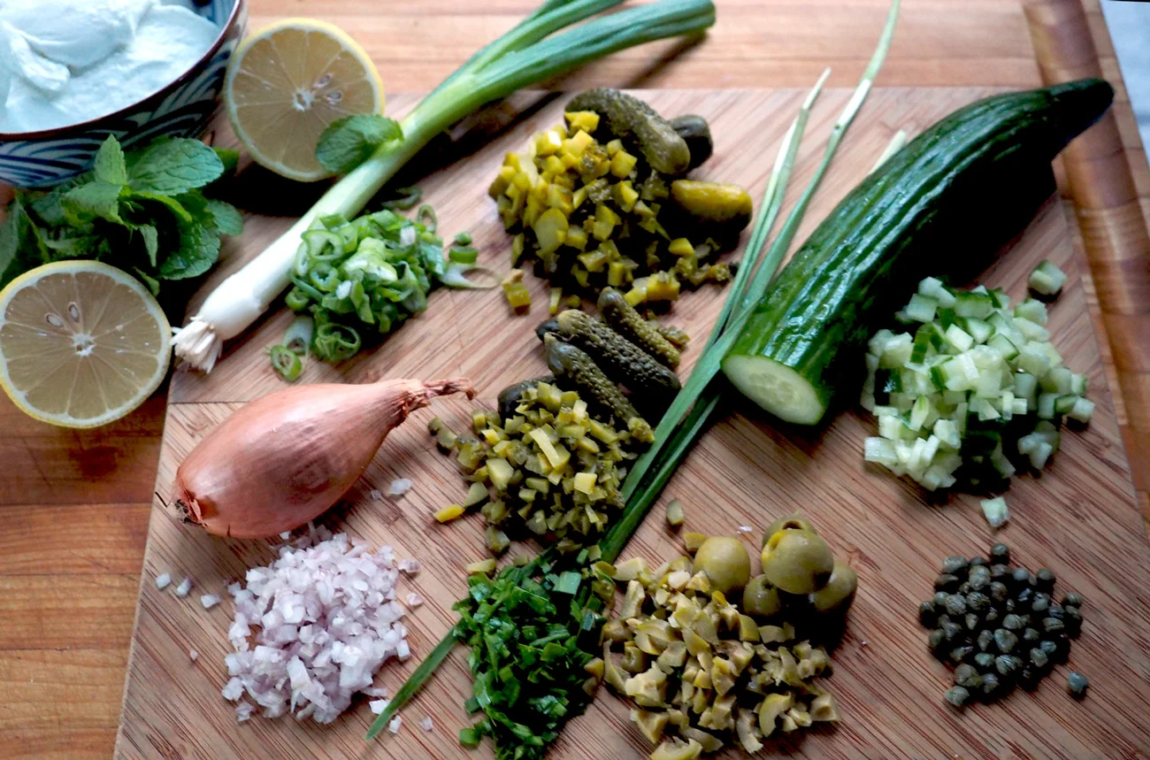 All the little pieces ready and waiting for their yogurt bath: scallions, shallots, chives, olives, capers, cucumber, dill pickles and cornichon