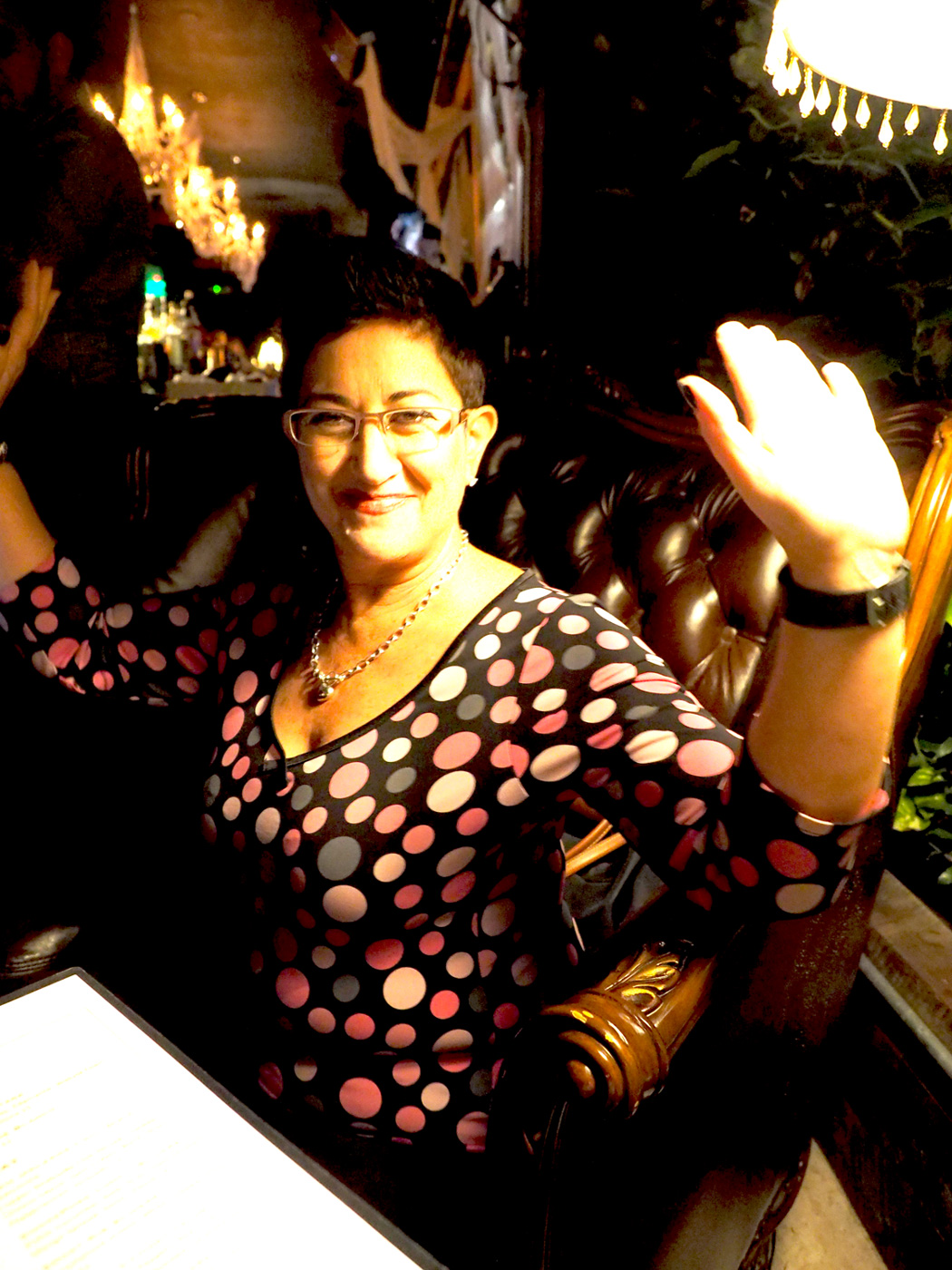 Stephanie ready to eat, drink and be merry.
