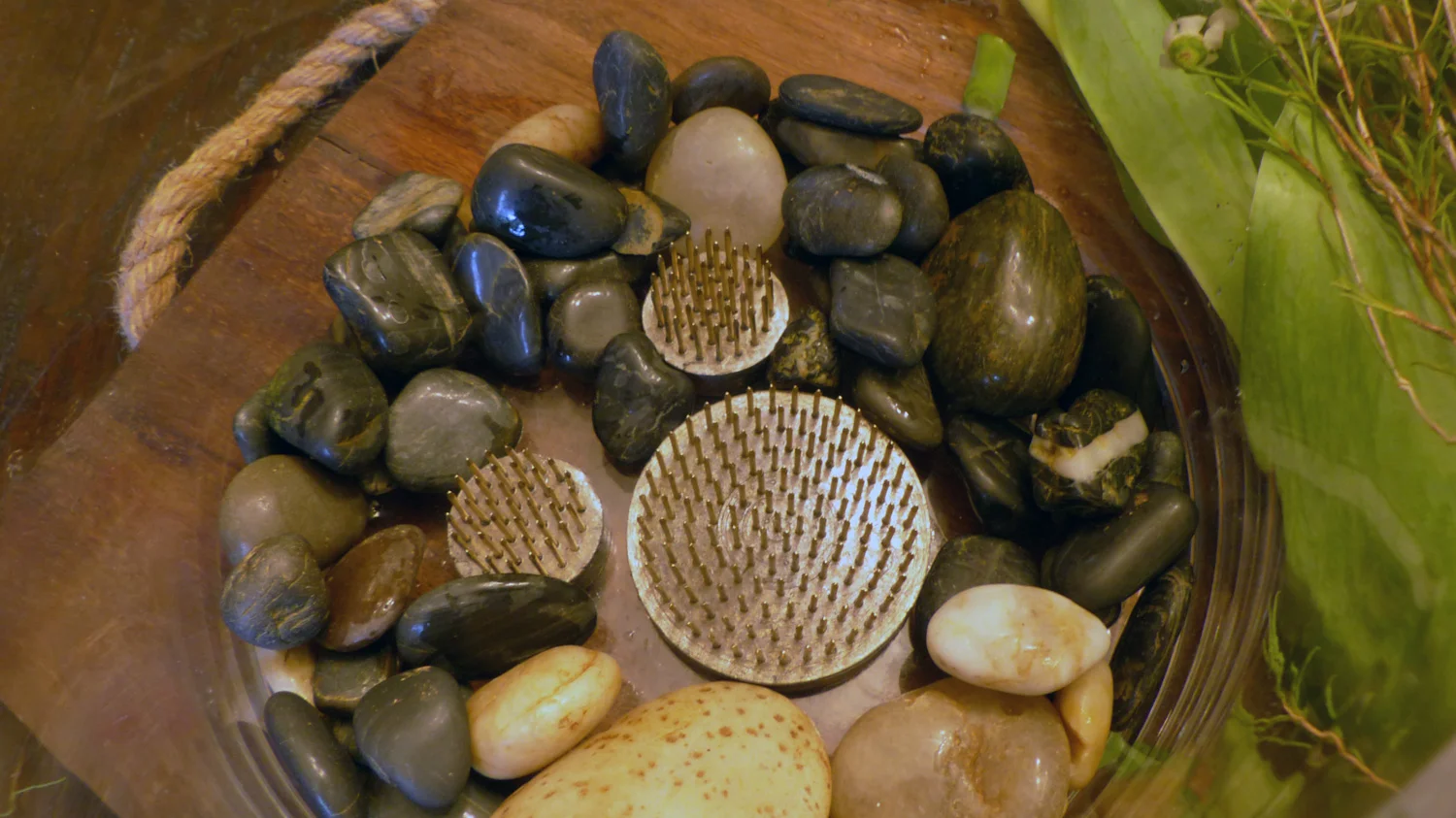 Floral frogs set amongst decorative stones.