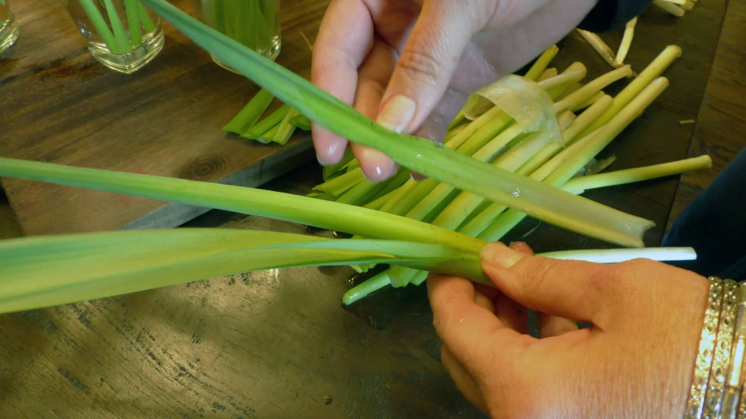 Leftover stems reserved so you place these in among the daffodils and the tulip arrangement.