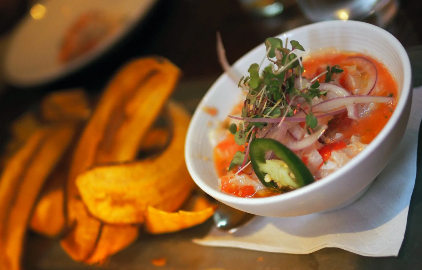 Sea Bass Ceviche with the right amount of heat and citrus. And a generous amount of crunchy plantains.