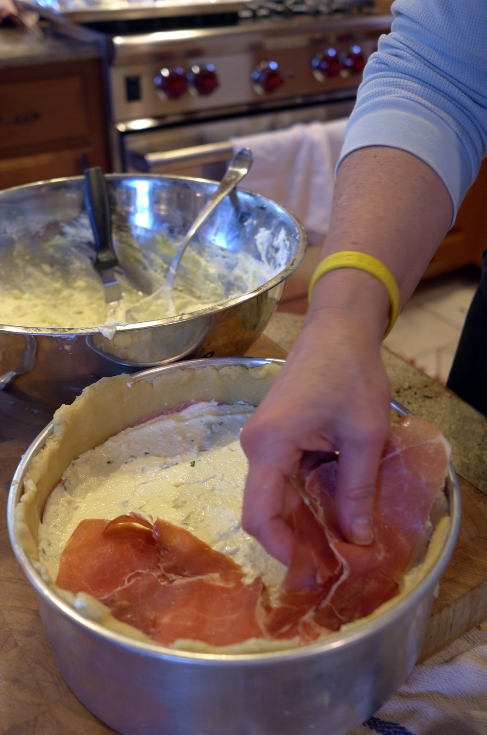 Layering up and up, overlap the meat so there is a good amount.